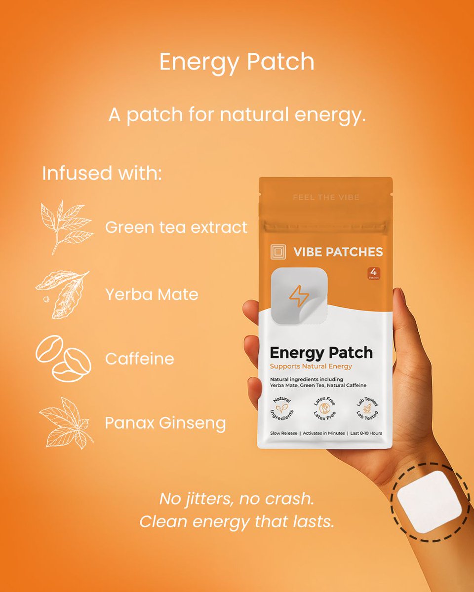 VibePatches's tweet image. ⚡ Meet the Energy Patch. Natural energy without the crash. ⚡
Skip the pills &amp;amp; drinks. This simple vitamin patch delivers steady focus &amp;amp; stamina for 8–10 hrs. 🌿 Plant-based • Vegan • Made in USA 🇺🇸
Peel. Stick. Stay energized.
#EnergyPatch #VibePatches #VitaminPatch #Wellness