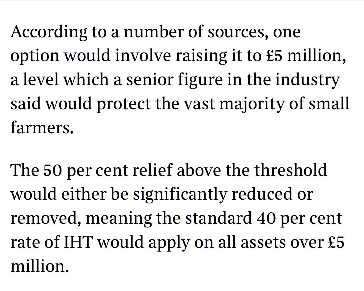 We all know the current family farm tax policy is a total and utter disaster and has caused huge pain already. The proposals reportedly being discussed would be marginally less damaging.

‘IHT on farmers could be eased in Rachel Reeves budget’

thetimes.com/article/25a081…
