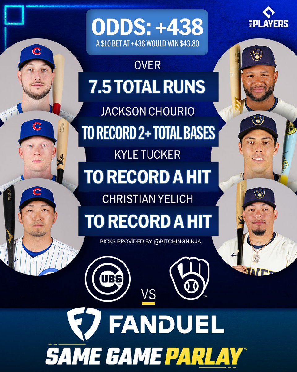 MLB Picks (@mlbpicks) on Twitter photo The <a href="/Cubs/">Chicago Cubs</a> and <a href="/Brewers/">Milwaukee Brewers</a> play #NLDS Game 5!
Odds via <a href="/FDSportsbook/">FanDuel Sportsbook</a>, picks via <a href="/PitchingNinja/">Rob Friedman</a> The <a href="/Cubs/">Chicago Cubs</a> and <a href="/Brewers/">Milwaukee Brewers</a> play #NLDS Game 5!
Odds via <a href="/FDSportsbook/">FanDuel Sportsbook</a>, picks via <a href="/PitchingNinja/">Rob Friedman</a>