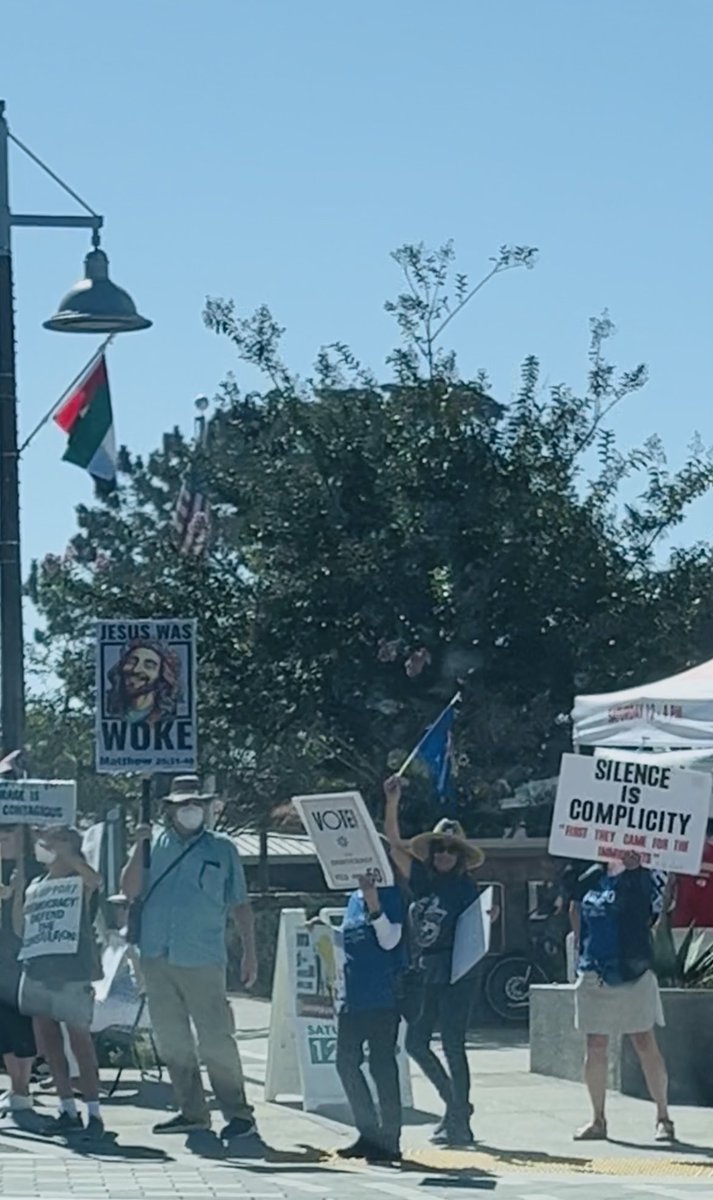 amyforsandiego's tweet image. I’m fact-checking this “Jesus is Woke” sign spotted on 11th Street in Del Mar, California today, held by a man wearing an N95 mask outside. The sign quotes Matthew 25 trying to prove that Jesus was woke.
Jesus wasn’t woke. In Matthew 25, He didn’t preach political activism. He…