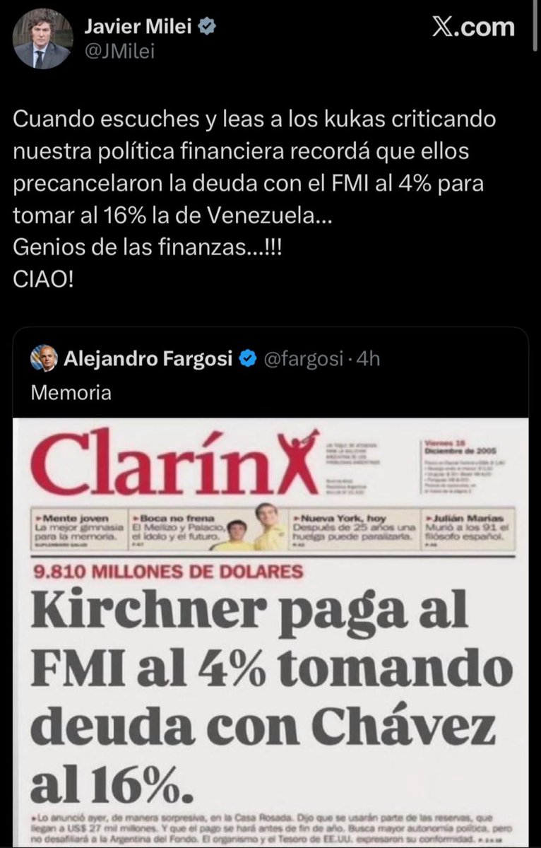 unpocotendencia's tweet image. “Milei”
Porque el presidente compartió una tapa falsa de Clarín.