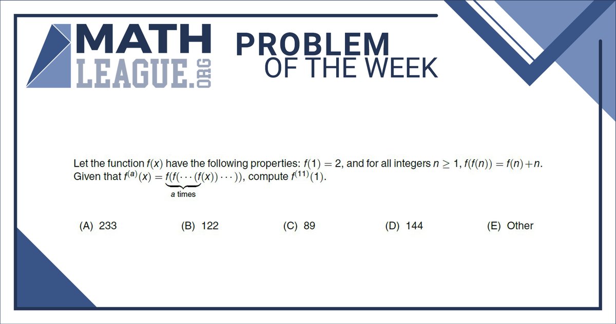 mathleague's tweet image. Here is our #highschool #mathproblemoftheweek for October 12. Please give the problem a try: submit your answer at bit.ly/mathleaguepotw, and you could win a #prize!

Check back in a few days to see a video explanation of this problem. #mathcompetition #math #mathleague
