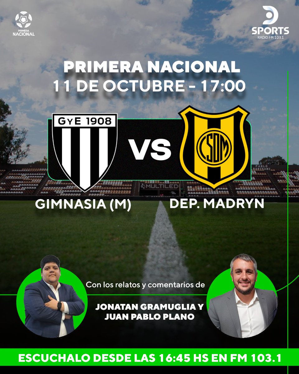Se viene la final de la #PrimeraNacional en <a href="/DSportsRadio/">DSports Radio 103.1 FM</a> 103.1 
#DeportivoMadryn #GimnasiaMza 
Junto a <a href="/JoniiGramuglia/">Jonatan Gramuglia</a> <a href="/jpplano/">Juan Pablo Plano</a> <a href="/ezehoeffner/">Ezequiel Hoeffner</a> y <a href="/mavegol/">Silvio Maverino</a>