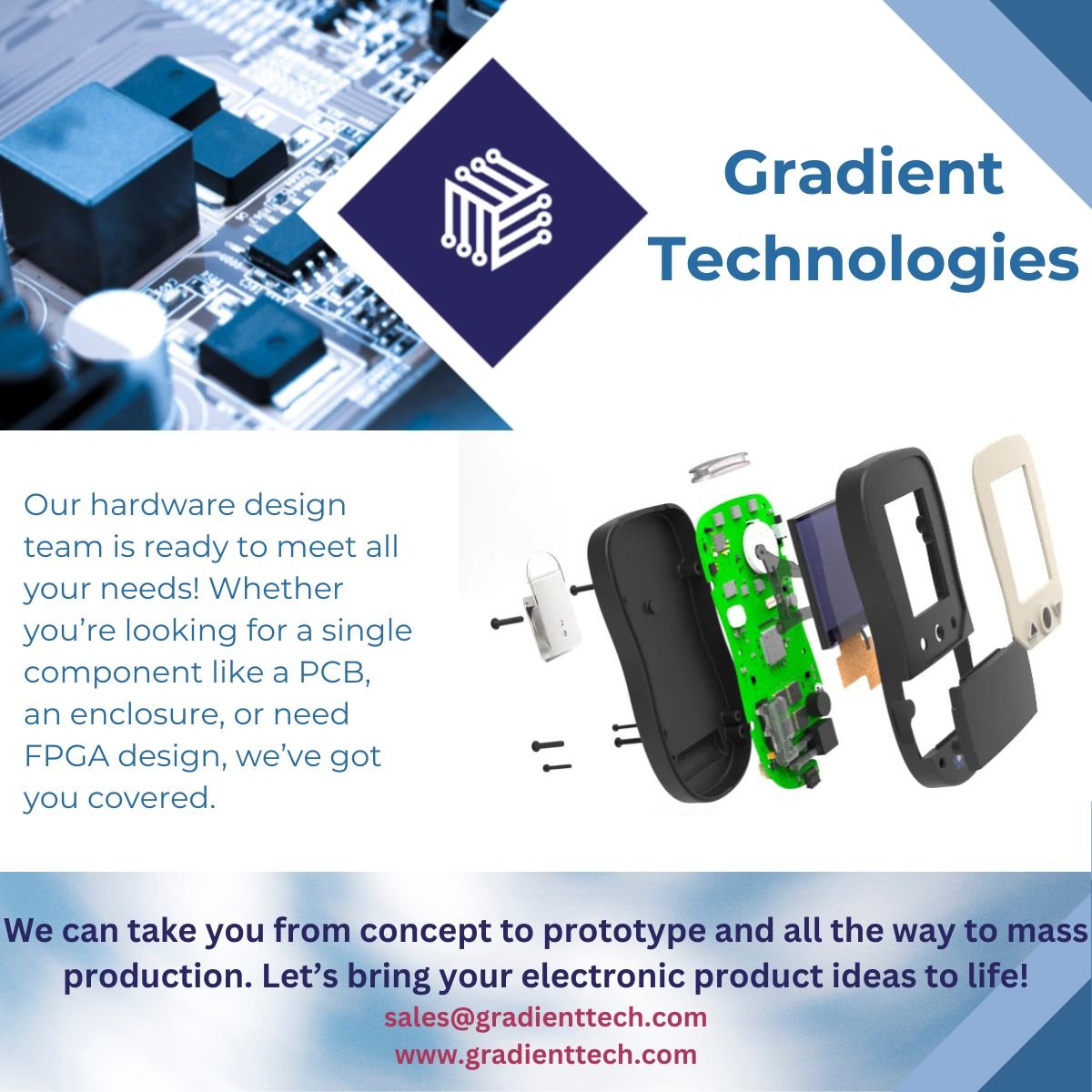 tech_gradient's tweet image. Excited to share how Gradient Technologies can bring your innovative ideas to life! Our hardware design team specializes in turning concepts into reality, from PCB,  enclosure to advanced FPGA solutions. 
#GradientTechnologies