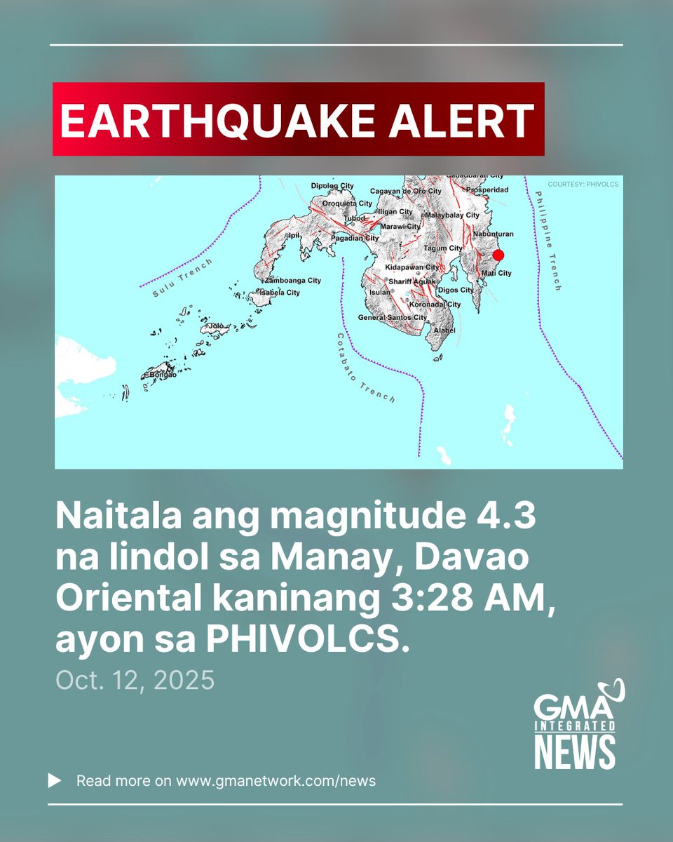 EARTHQUAKE ALERT: Naitala ang magnitude 4.3 na lindol sa Manay, Davao Oriental kaninang 3:28 AM, ayon sa PHIVOLCS.