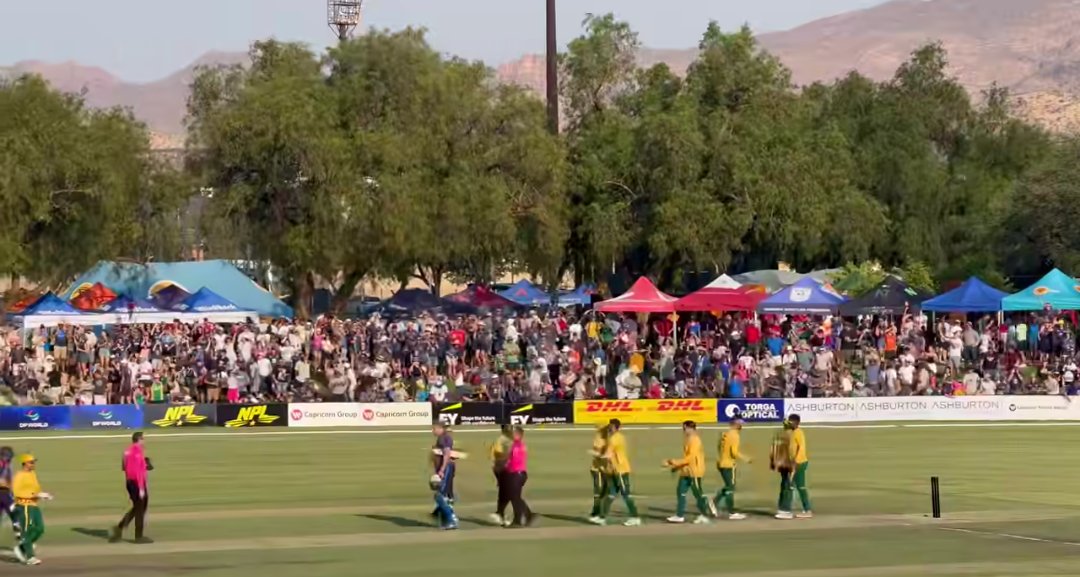 Emerging98's tweet photo. Cricket Namibia provides the infrastructure. The Crowd provided their appreciation for it. The Teams provided the fitting performances to show their gratitude. Hope they get to host some big games in the 2027 Men's CWC, and be a participant in them. #NAMvsSA https://t.co/ejVlkAE5ZC