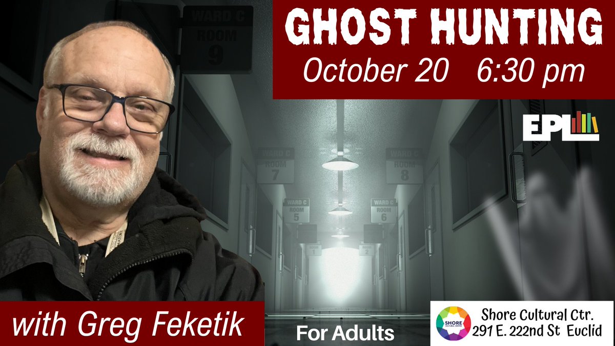 EuclidLibrary's tweet image. If there’s something strange in the neighborhood who you gonna call? Greg Feketik! Meet a real life “ghost buster” at the Shore Cultural Centre on October 20 at 6:30p. Feketik ain’t afraid of no #ghosts, he’s a paranormal investigator, author, and speaker. For adults.
#OurEuclid