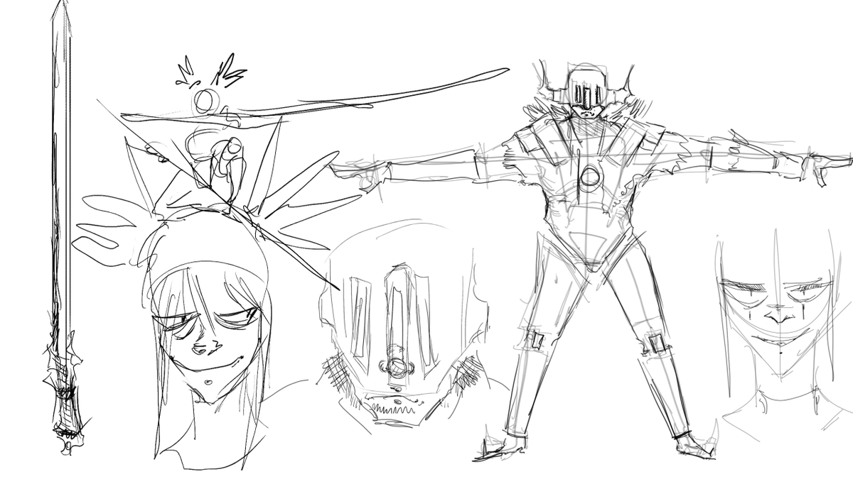 More concept art for the Double Strike Queen, along with a quick storyboard.  

This villain shows no remorse and pushes the heroes to their absolute limit... I doubt any of them would make it out alive.  "  The strong do what they can, and the weak suffer what they must. "
