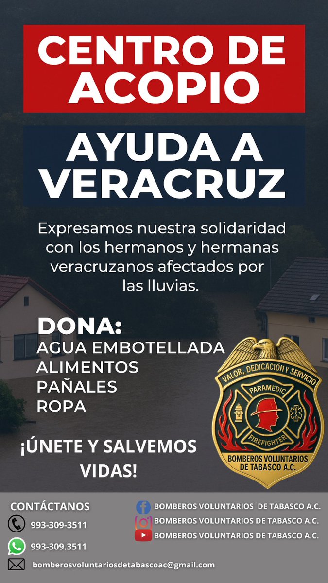 BombVolTabasco's tweet photo. Solidaridad con Veracruz: ¡Unidos en la emergencia!*

Ante los graves daños ocasionados por las lluvias en el estado de Veracruz, expresamos nuestra profunda solidaridad con las familias afectadas. En momentos como este, la unión y el apoyo mutuo son nuestra mayor fuerza. https://t.co/zgyvCNSf4Y
