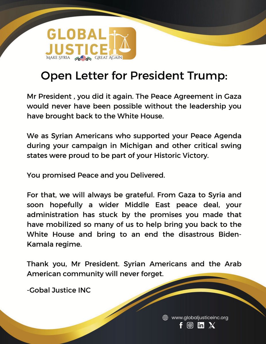 Open Letter to President Trump: Gratitude from Syrian Americans.
You promised peace — and you delivered.
globaljusticeinc.org/open-letter-to…