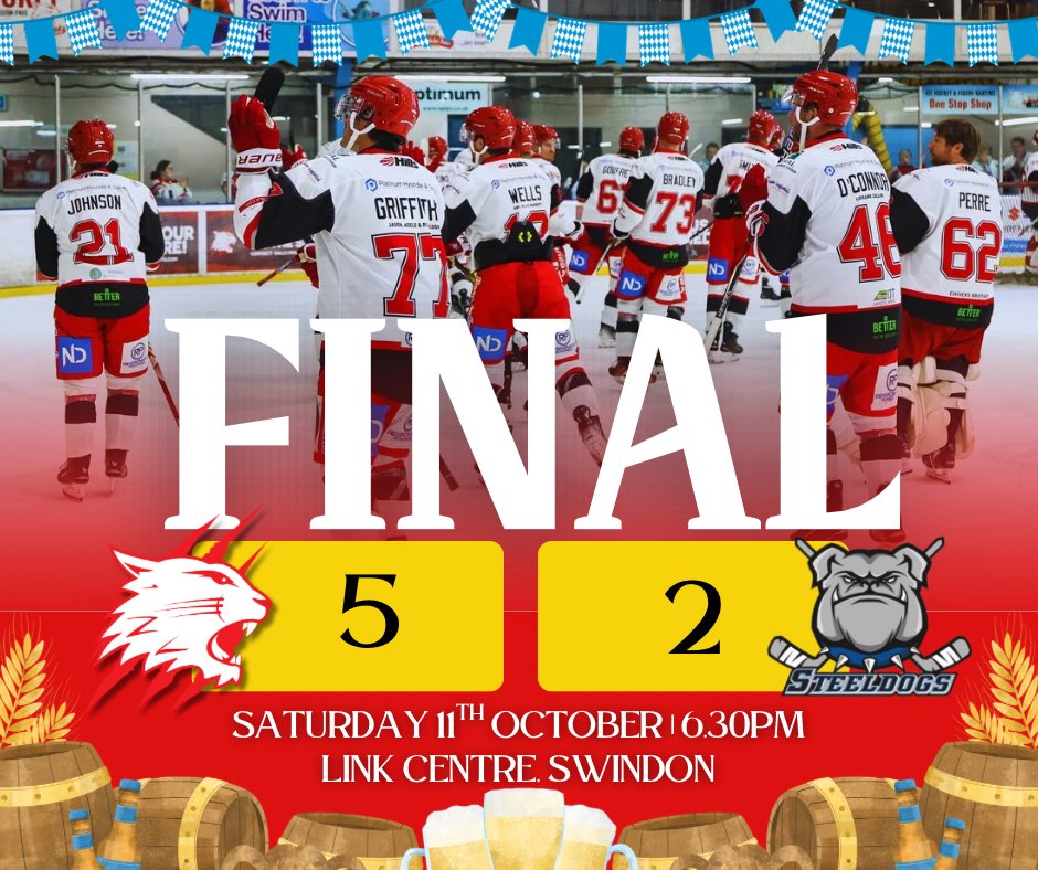 SwinWildcats's tweet image. FINAL SCORE

Wildcats - 5

Steeldogs - 2

2 more points on the board in the league &amp;amp; cup and we’re back at the Link tomorrow looking to make it 4 against the @BisonIceHockey!

🎟️ tinyurl.com/28xfeycn