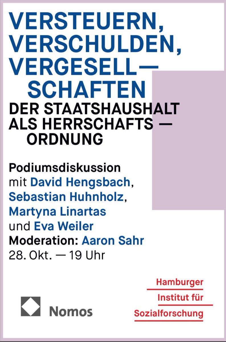 Am 28. Oktober stellen <a href="/martyna_lin/">Martyna Linartas</a>, <a href="/DavidHengsbach/">David Hengsbach</a>, Eva Weiler, <a href="/AufAnfang/">Aaron Sahr</a> und ich am <a href="/his_hamburg/">HIS</a> den LEVIATHAN-Sonderband

POLITISCHE THEORIEN ÖFFENTLICHER FINANZEN

vor <a href="/NomosVerlag/">Nomos Verlag</a>. 

Kommt alle in den Mittelweg 36 um 19 Uhr!