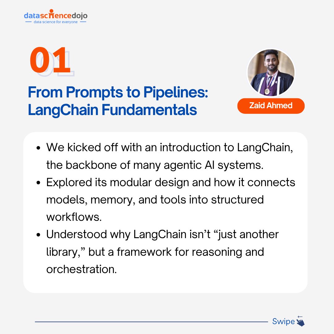 DataScienceDojo's tweet image. From Prompts to Pipelines — Inside Agentic AI Bootcamp: Session 2 Highlights

Session 2 was all about going beyond prompting, diving into the tools and abstractions that make agentic AI systems work in the real world.

We explored how LangChain connects models, memory, and tools…