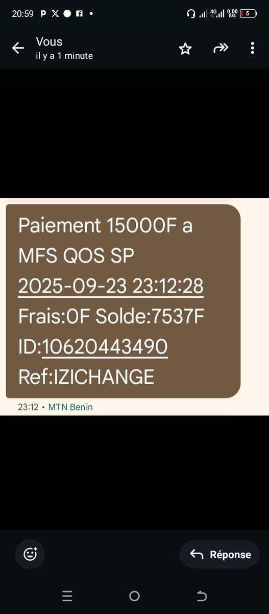 richebenin's tweet photo. @IZIchange Malheureusement votre système n'a envoyé aucune notification après mon paiement. La seule preuve de mon paiement c'est le message de MTN Momo reçu après paiement. https://t.co/AXoV9qLGaZ