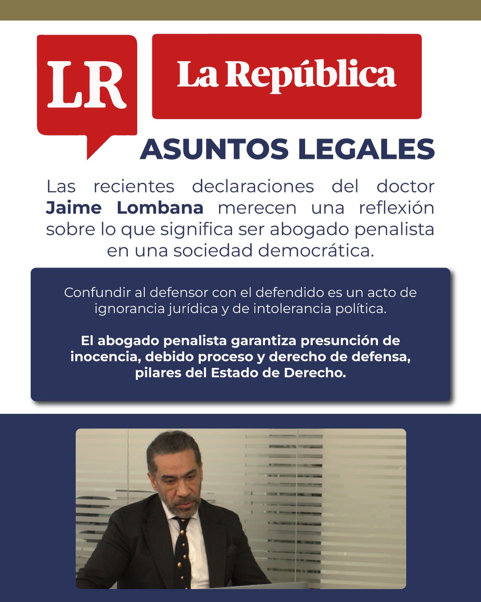 NavarreteConsu3's tweet image. ⚖️ Cuando un abogado penalista cuestiona el valor de la defensa, traiciona la esencia de su propia misión.

En mi columna en La República – Asuntos Legales, hago una reflexión sobre el sentido del derecho de defensa y la misión del penalista como garante de la justicia y de los…