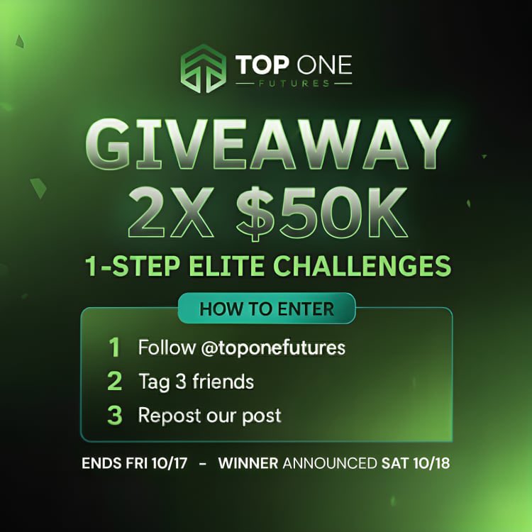 TopOneFutures's tweet image. GIVEAWAY TIME! 🚨
We’re giving away 2 x $50K 1-Step Elite Challenges to two lucky traders! 💸

Here’s how to enter:
1️⃣ Follow @TopOneFutures
2️⃣ Tag 3 friends
3️⃣ Repost this post

✅ Ends Fri 10/17
🏆 Winners announced Sat 10/18