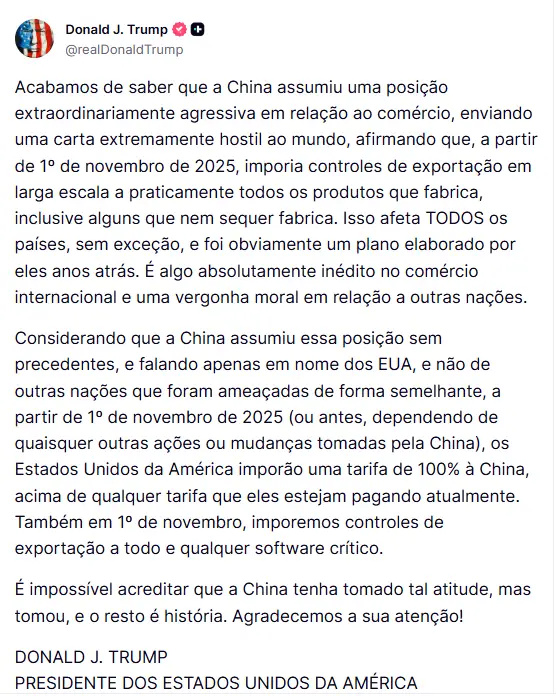 infomoney's tweet image. DOW JONES PERDEU 879 PONTOS (1,9%), SUA PIOR SESSÃO DESDE MAIO

Uma publicação feita pelo presidente dos Estados Unidos, Donald Trump, na manhã de sexta-feira (10), gerou uma perda estimada em US$ 2 trilhões no valor de mercado das bolsas norte-americanas, segundo cálculo da…