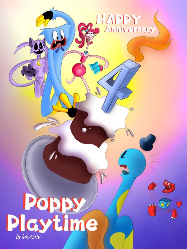 POPPY PLAYTIME IS CELEBRATING IT'S 4TH ANNIVERSARY! 💛❤🧡

#PoppyPlaytime #PoppyPlaytimeChapter4 #PoppyPlaytimefanart #huggywuggy #mommylonglegs #catnap #boxyboo #Doeythedoughman 
#artdigital