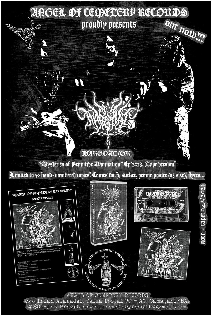 AOCR_ED's tweet photo. *** LAST COPY ***

* WARGOAT (GR) "Mysteries of Primitive Damnation" EP'2023

* Comes with:

* Promo poster (A3 size)
* Stickers
* Flyers

* Place your order here:
aocreuropedivisionfr@laposte.net

* Shipping from Hazebouck, France

#wargoat #aocred #hellenic #blackmetal https://t.co/wACMvNe5oM