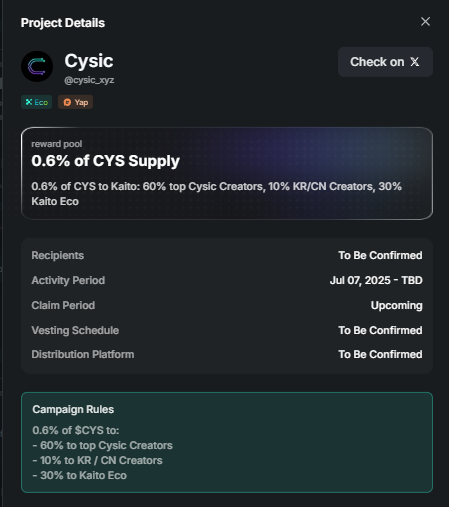 Web3Pikachu's tweet image. The new Yappers project I’m joining is @cysic_xyz 

They’ve allocated 0.6% of the total supply for the airdrop.

Out of that, 60% will go to Yappers and 30% to Kaito ecosystem holders.

I’m currently staking 5K Kaito, so being on the leaderboard seems like a very strategic move…