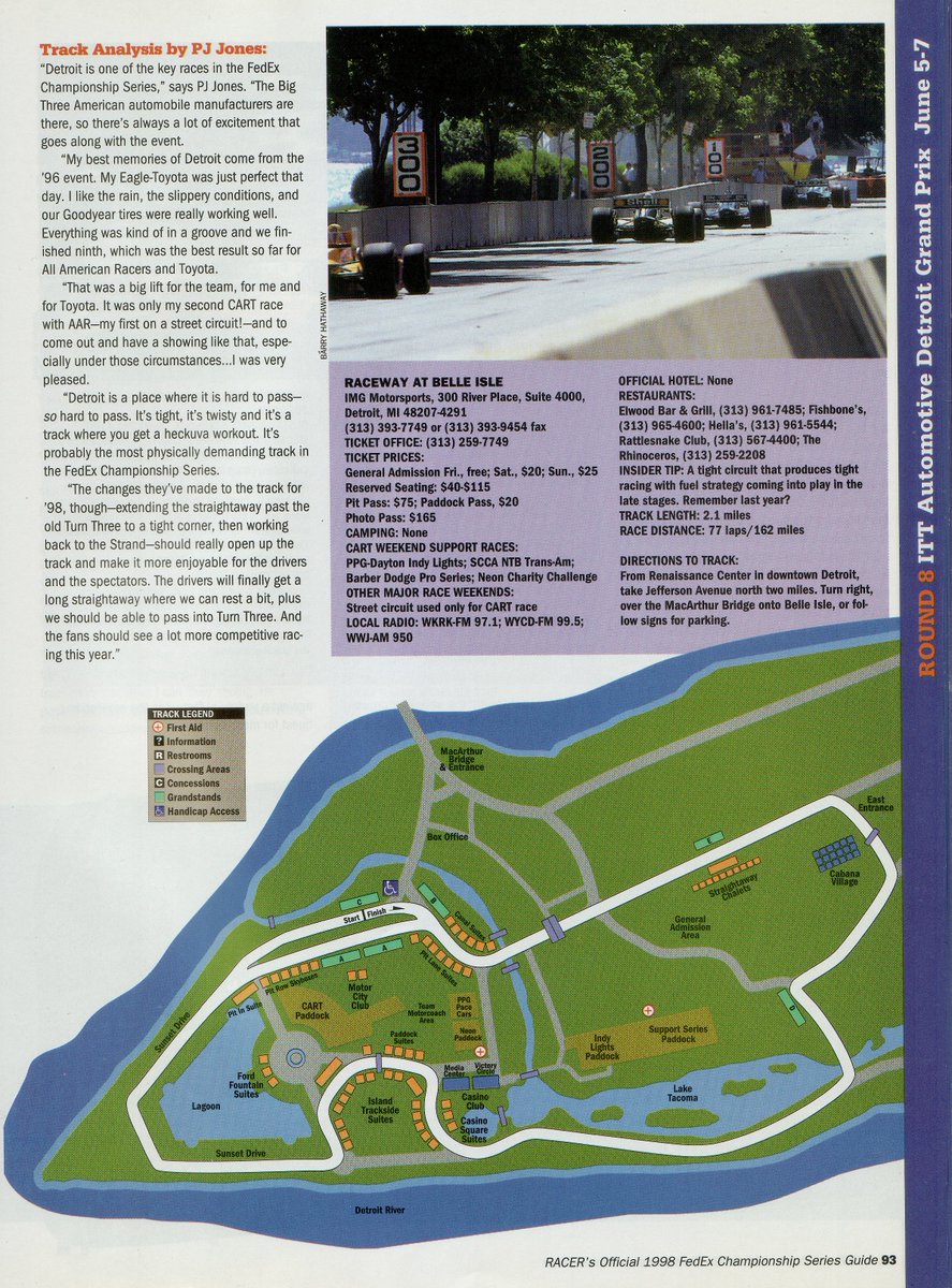 ChampCar4Ever (@champcar4ever) on Twitter photo A track analysis by 🇺🇸 PJ Jones of the Raceway at Belle Isle, home of the Detroit Grand Prix.
Taken from the 1998 Racer Official FedEx  Championship Series Guide.
Map illustration by Paul Laguette. A track analysis by 🇺🇸 PJ Jones of the Raceway at Belle Isle, home of the Detroit Grand Prix.
Taken from the 1998 Racer Official FedEx  Championship Series Guide.
Map illustration by Paul Laguette.