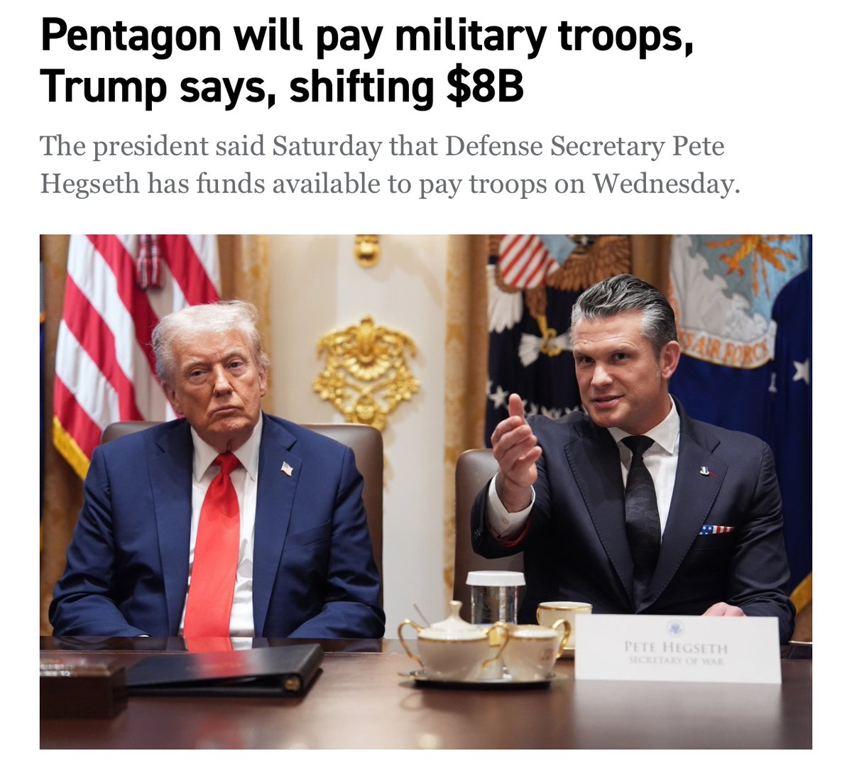 Zachary's tweet image. For Trump to pay troops, $8 billion is being shifted from accounts that fund military research, development, testing and evaluation efforts.

@benjohansen3 @JAscholtes 

politico.com/news/2025/10/1…