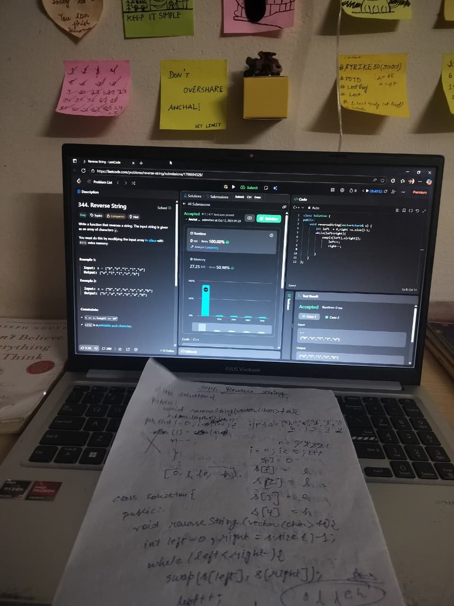 AnchalGupta009's tweet image. Day 20 — Reverse String 🔁
Two pointers, one elegant swap ✨
Simple logic, satisfying result 😌
Sometimes all you need… is a little reverse in life too 😅
#LeetCode #CPP #CodingLife #Developer