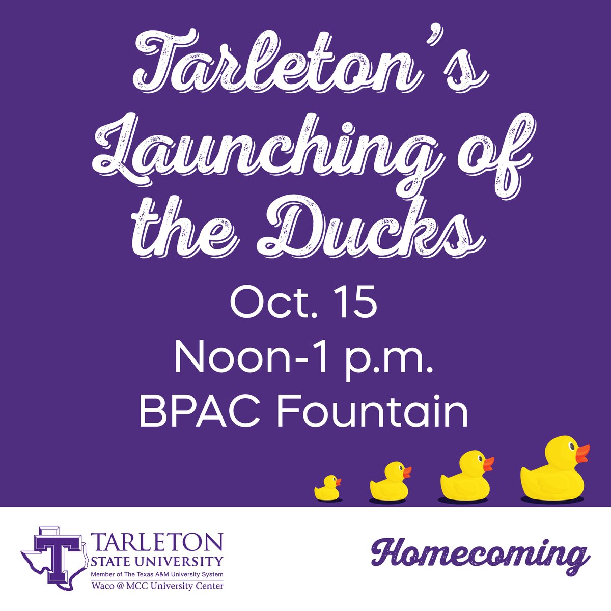 McLennanCC's tweet image. Rubber ducks + Texan pride = Homecoming magic 🦆💜

Catch @TarletonState's Launching of the Ducks on the MCC Campus for a little Homecoming fun!

#TarletonState #TarletonTexans #HomecomingWeek
