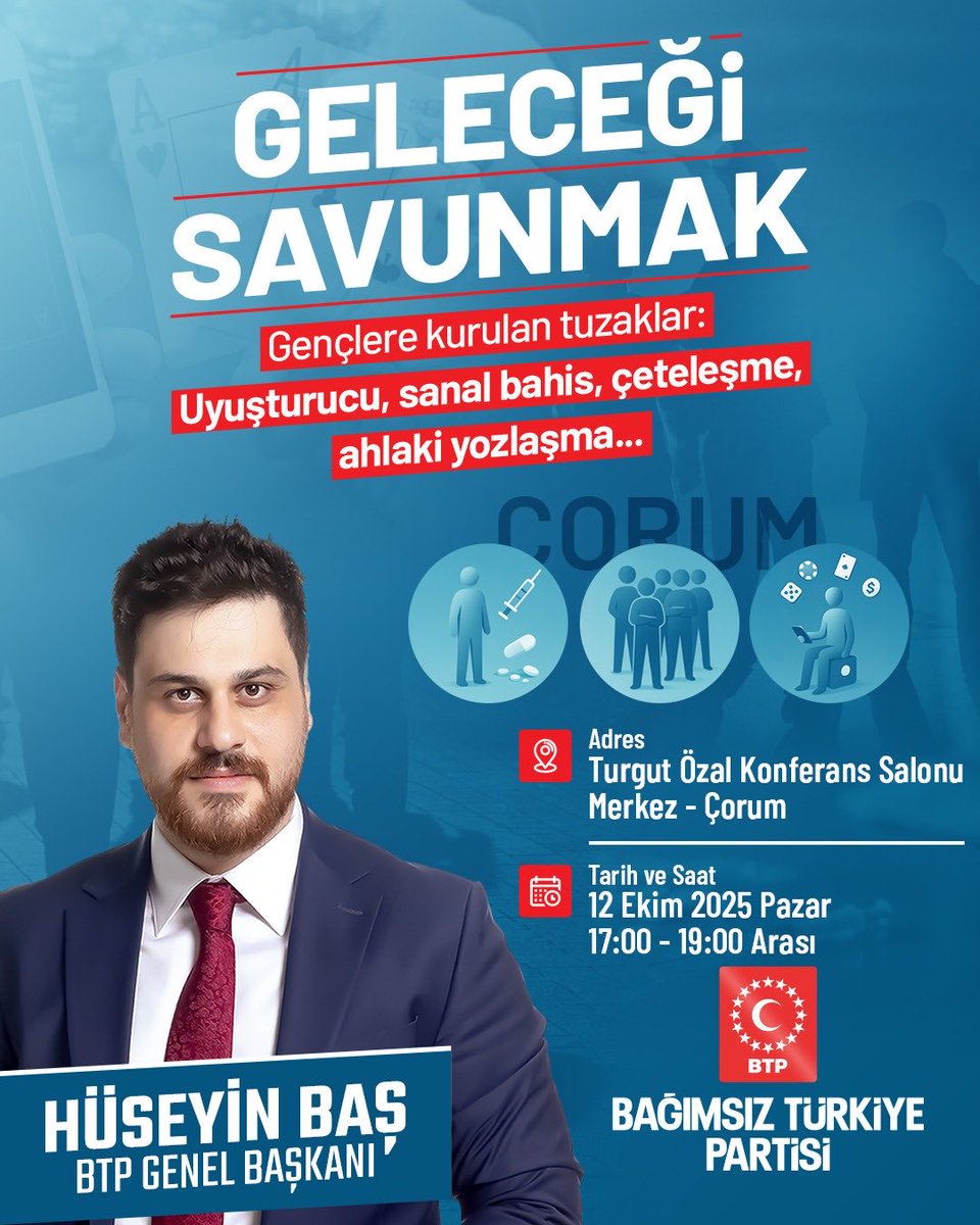 Uyuşturucu, sanal bahis ve çeteleşme:
Gençlerimizi tehdit eden sorunlarla ilgili düzenlediğimiz “Geleceği Savunmak” seminer serimiz devam ediyor.

12 Ekim Pazar günü Yalova, Aydın ve Çorum illerimizde, alanında uzman kişiler ve akademisyenler tarafından gerçekleşecek