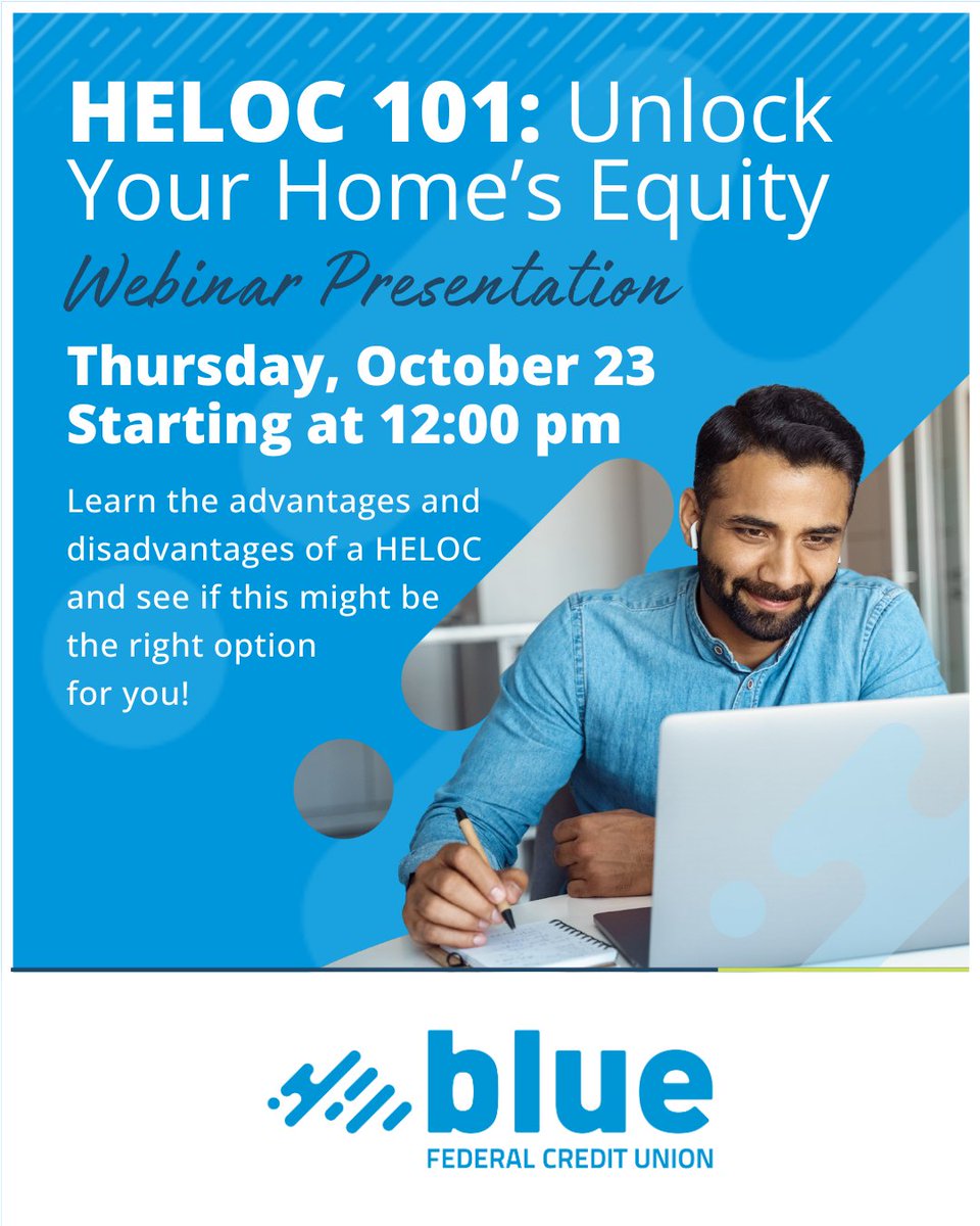 Join our free webinar on October 23rd to learn how HELOCs (Home Equity Line of Credit) work, when to use them, and how they can save you money compared to credit cards or personal loans.

RSVP here: bluefcu.com/events/heloc-w…