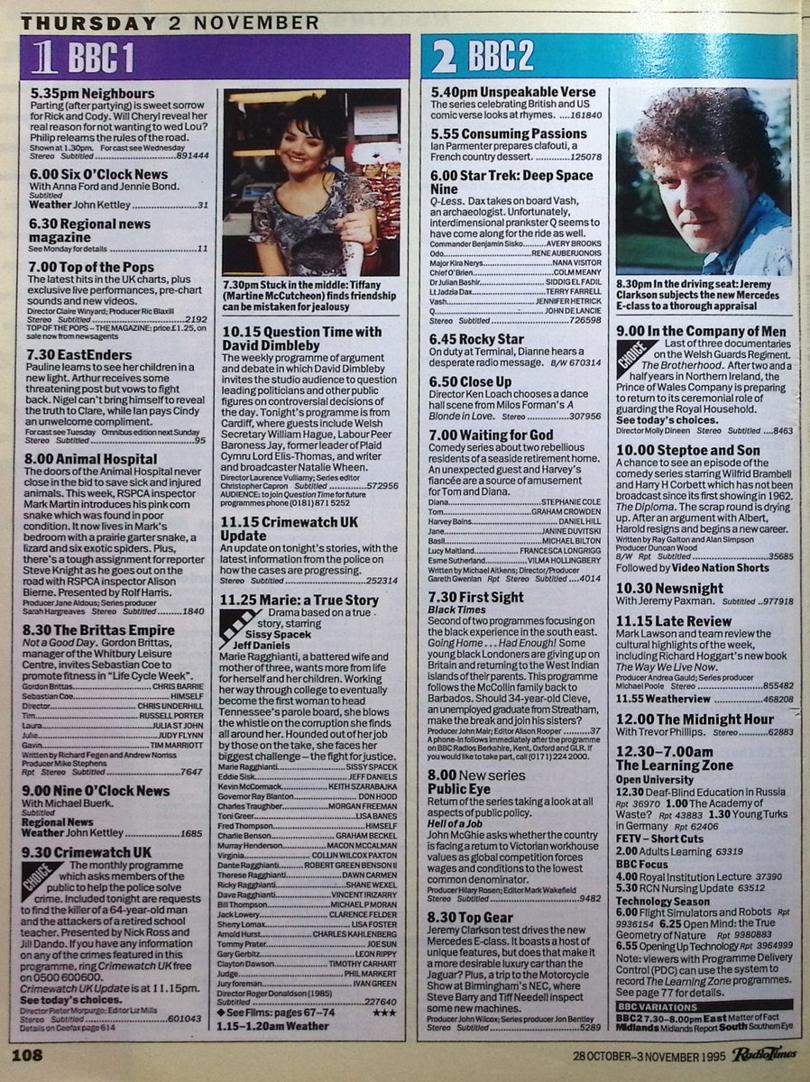 TvDidYouSee's tweet photo. #OnThisDay 2 November 1995 📺TV Listings
Temptation for Barney in #BykerGrove.
The Dingles outstay their welcome in #Emmerdale.
James MacPherson is now the lead in #Taggart.
#JeremeyClarkson test drives the new Mercedes E-class in #TopGear.
Not a Good Day in #TheBrittasEmpire. https://t.co/amacNujAag