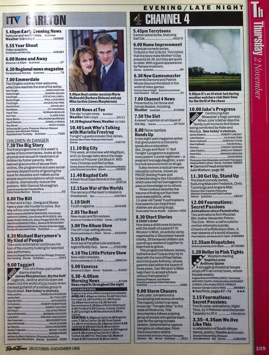 TvDidYouSee's tweet photo. #OnThisDay 2 November 1995 📺TV Listings
Temptation for Barney in #BykerGrove.
The Dingles outstay their welcome in #Emmerdale.
James MacPherson is now the lead in #Taggart.
#JeremeyClarkson test drives the new Mercedes E-class in #TopGear.
Not a Good Day in #TheBrittasEmpire. https://t.co/amacNujAag