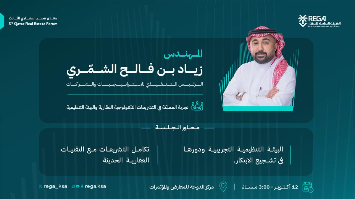 REGA_KSA's tweet photo. يشارك الرئيس التنفيذي للاستراتيجيات والشراكات في جلسة حوارية بعنوان "تجربة المملكة في التشريعات التكنولوجية العقارية والبيئة التنظيمية " ضمن أعمال #منتدى_قطر_العقاري https://t.co/ZgchUKIh6j
