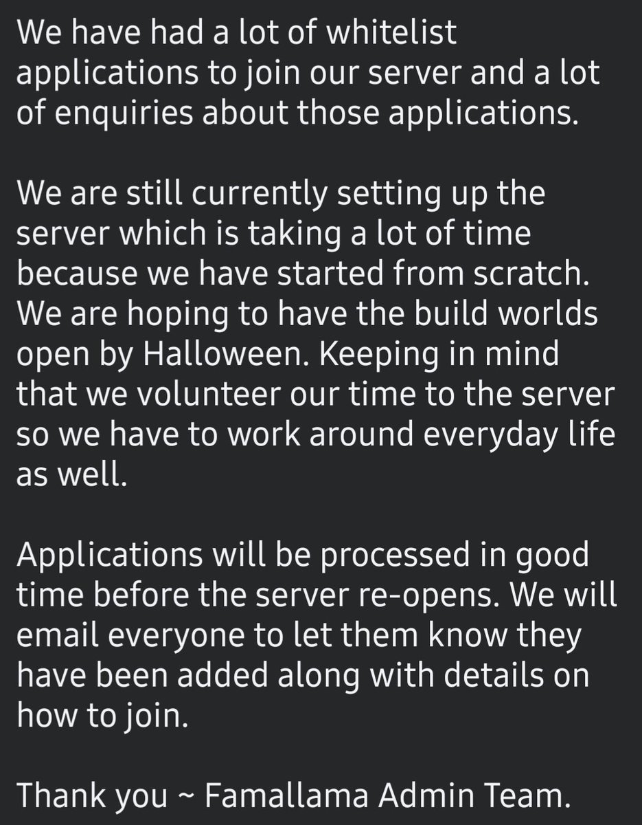 We have had a lot of whitelist applications to join our server and a lot of enquiries about those applications. Please see below for more details.........