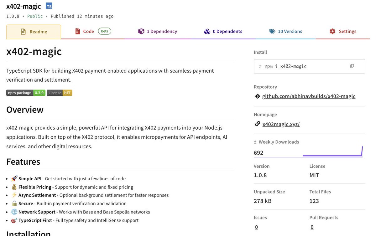AbhinavBuilds's tweet image. Released this npm package Yesterday to integrate x402 with existing Express &amp;amp; Hono and gotta a 692 downloads, Damnnnn... 

More : x402magic.xyz

Thanks to all who are using this, and please share your feedback and improvements on this package.

#x402 #blockchain #sdk…