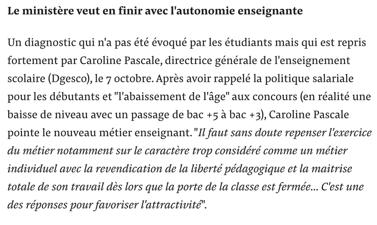 Dupognonprofs's tweet photo. ⚠️🫠
Quel scandale ! La DGESCO (numéro 2 du Ministère de l'Éducation nationale) affirme publiquement qu'il faut réduire la liberté pédagogique des profs et en faire des exécutants, d'où l'intérêt de les recruter à seulement bac+2,5.
On court vers l'abîme ! https://t.co/nSEMu10EYR