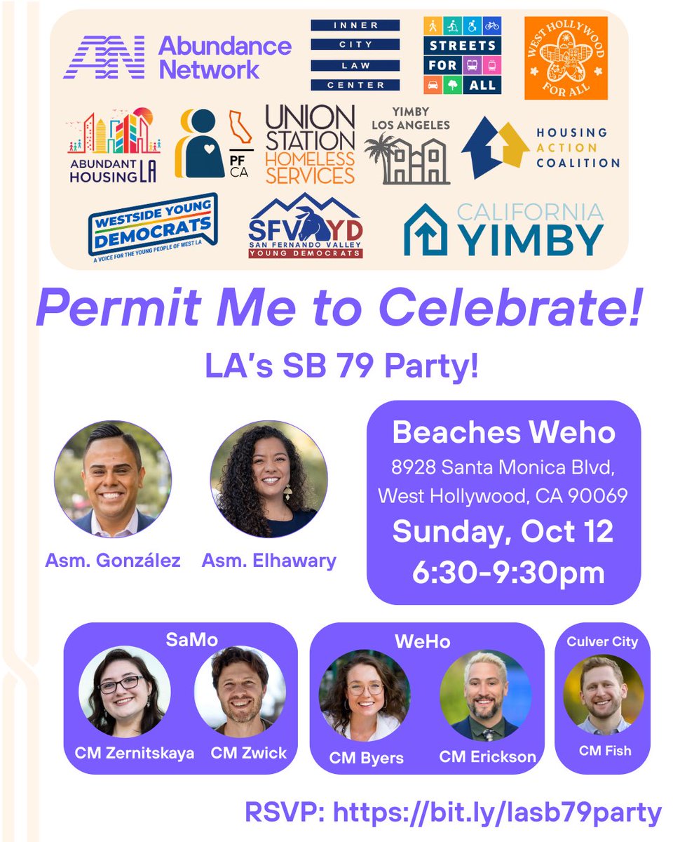 Come celebrate a big housing win with #SB79! 

This Sunday October 12, 6:30-9:30PM. Join your fellow housing advocates and elected leaders to talk housing and have fun! Beaches WeHo 8928 Sant Monica Blvd, West Hollywood. actionnetwork.org/events/permit-…