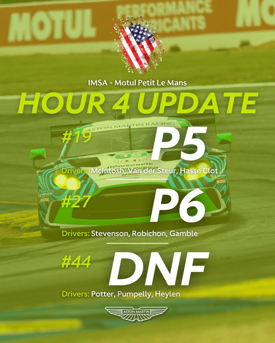 AMR_Official's tweet image. An action-packed race has reached the four-hour mark with Aston Martins running well in GTP and GTD.
📺 Watch LIVE: tinyurl.com/4dmszcc6
#AstonMartin #ValkyrieHypercar #Vantage #IMSA