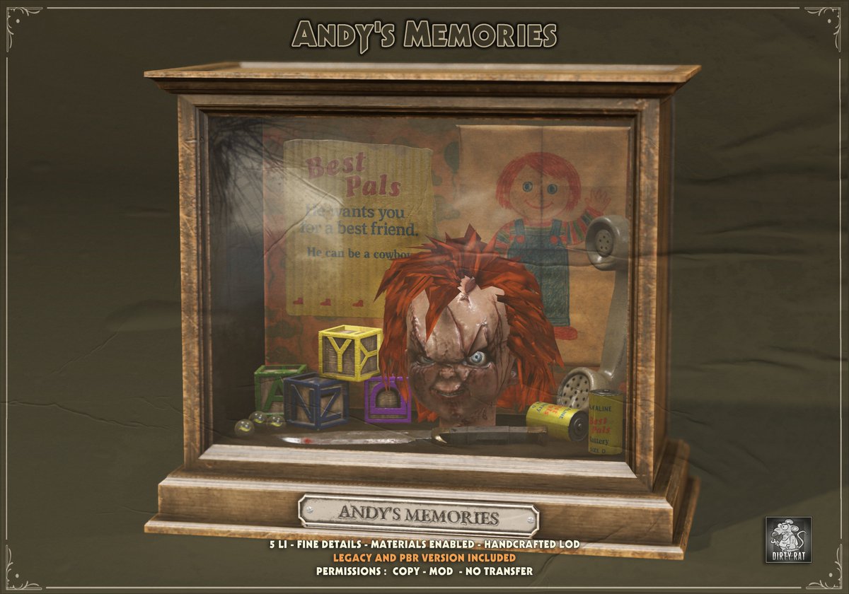 DirtyRat_SL's tweet photo. DIRTY RAT – ANDY’S MEMORIES

Only broken toys remain… a cracked head, a torn box, a voice that never stopped. The batteries were never inside.
He was my best friend.

🕰️Date :  Oct 11 – Nov 9

📍Camp Syndicate
https://t.co/pgomCFGGfx

#SecondLife #DirtyRat https://t.co/Ng7i4KYgEQ