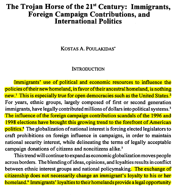 Alkim_X's tweet photo. Read this paper from 1998 and realise how accurate the author's predictions were.

The Trojan Horse of the 21st Century: Immigrants, Foreign Campaign Contributions and International Politics https://t.co/wY8zsd5b7d