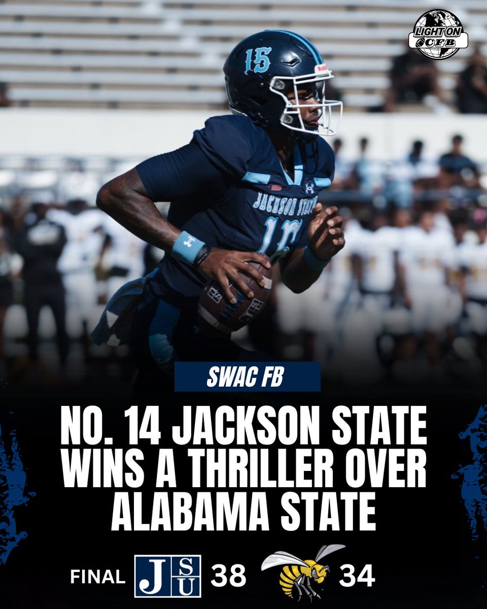 LightOnSports's tweet image. No. 14 Jackson State wins a THRILLER over Alabama State 38-34 🐅

This game came down to the final play. The Tigers defense came up with a goaline stop to secure the win. 

#TheeILove @gojsutigersfb