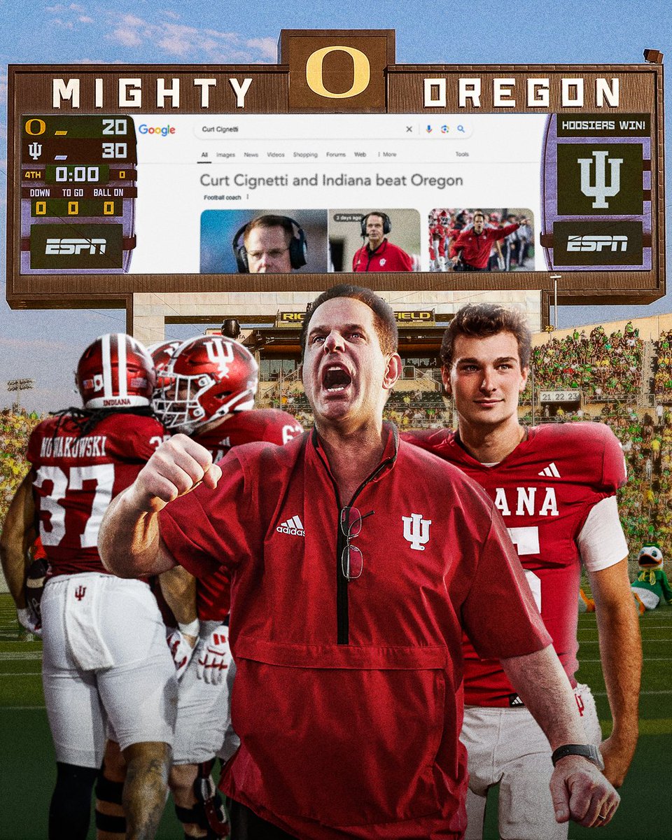 espn's tweet image. INDIANA GOES INTO EUGENE AND HANDS OREGON ITS FIRST LOSS OF THE SEASON 🤯
