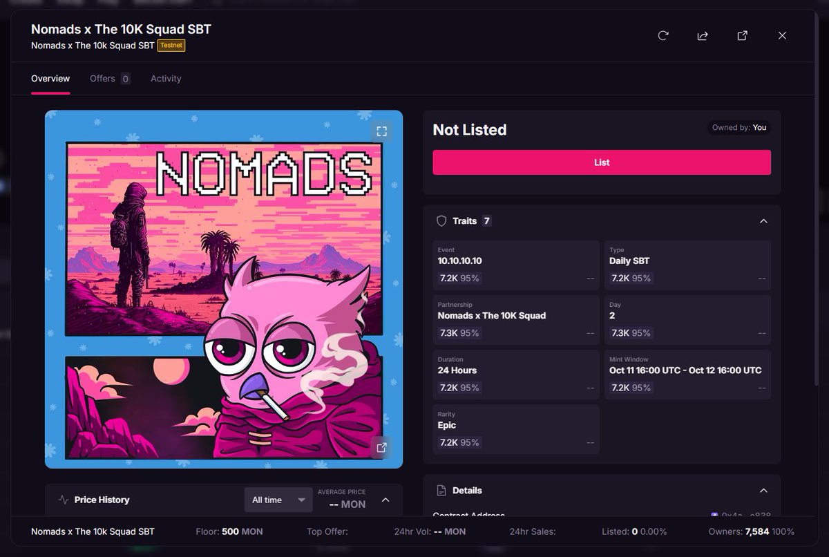 svnTank's tweet image. Welcome to 10 days of the 10k squad

Day 2 - @MonadNomadsNFT x @the10kSquad

11 giveaways 🎁 + 1.3M rewards🏆

Go mint yours and start your journey:
the10ksquadhub.com/10.10.10.10/da…

Mint is open for 24h only!