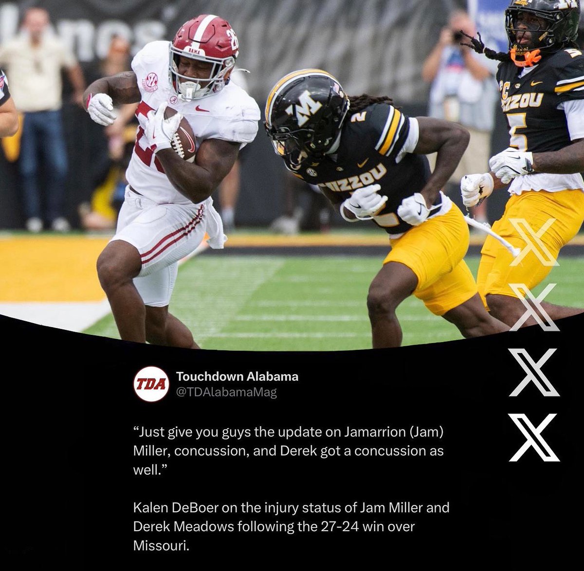 TDAlabamaMag's tweet image. BREAKING: Kalen DeBoer provides injury updates on Jam Miller and Derek Meadows.

tdalabamamag.com/2025/10/11/kal…
