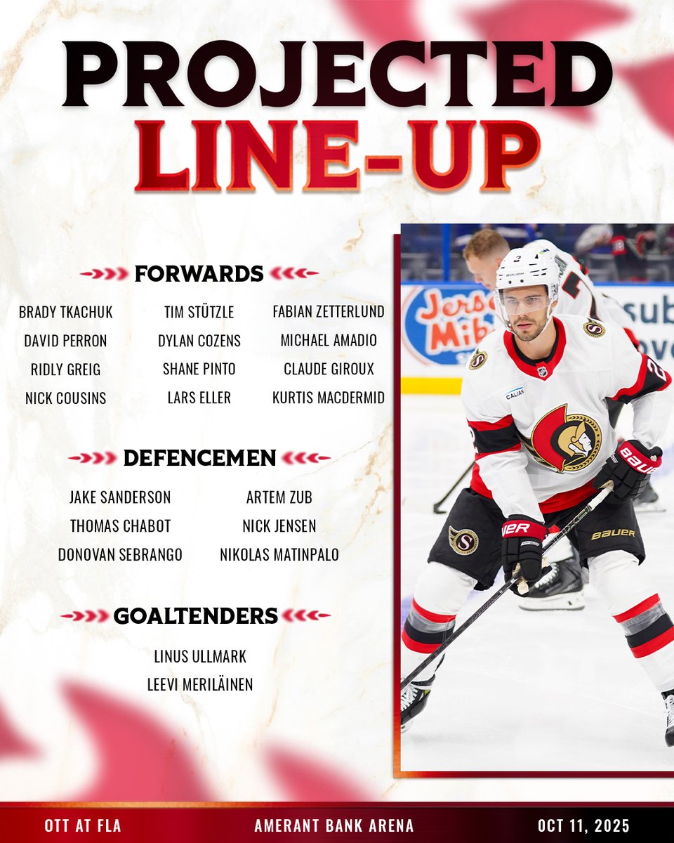 Senators's tweet image. Our projected lines tonight in Sunrise 👊

#GoSensGo