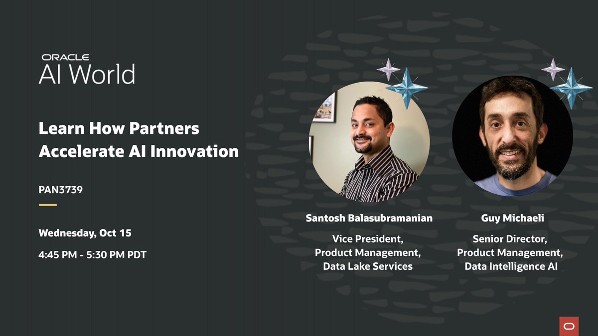 OracleAnalytics's tweet image. 🤝 AI moves faster with the right partners.

Join Santosh Balasubramanian and Guy Michaeli at Oracle #AIWorld to hear how Oracle is working with partners to accelerate AI innovation, unlock new use cases, and scale intelligent solutions across the enterprise.

Discover how…