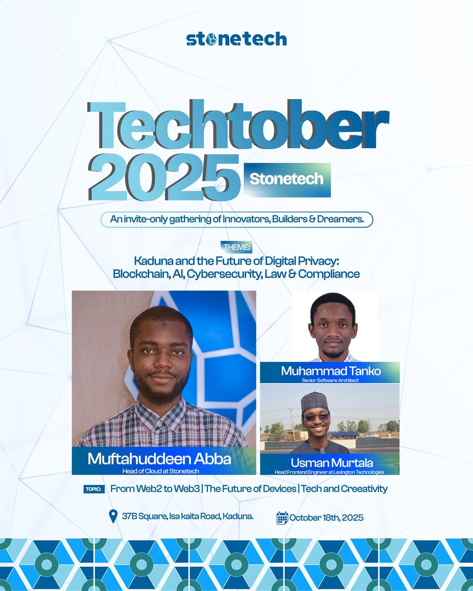 stonetechsquare's tweet image. Tech meets creativity, innovation meets insight. 💻
Join Muftahuddeen Abba, Head of Cloud at Stonetech, as he moderates a powerful session on “From Web2 to Web3 | The Future of Devices | Tech and Creativity.”
#stonetech #techtober #techinnovation #web3 #futureoftech #kadunatech