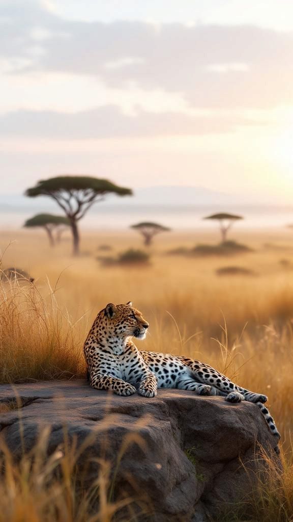 A lone leopard resting gracefully
