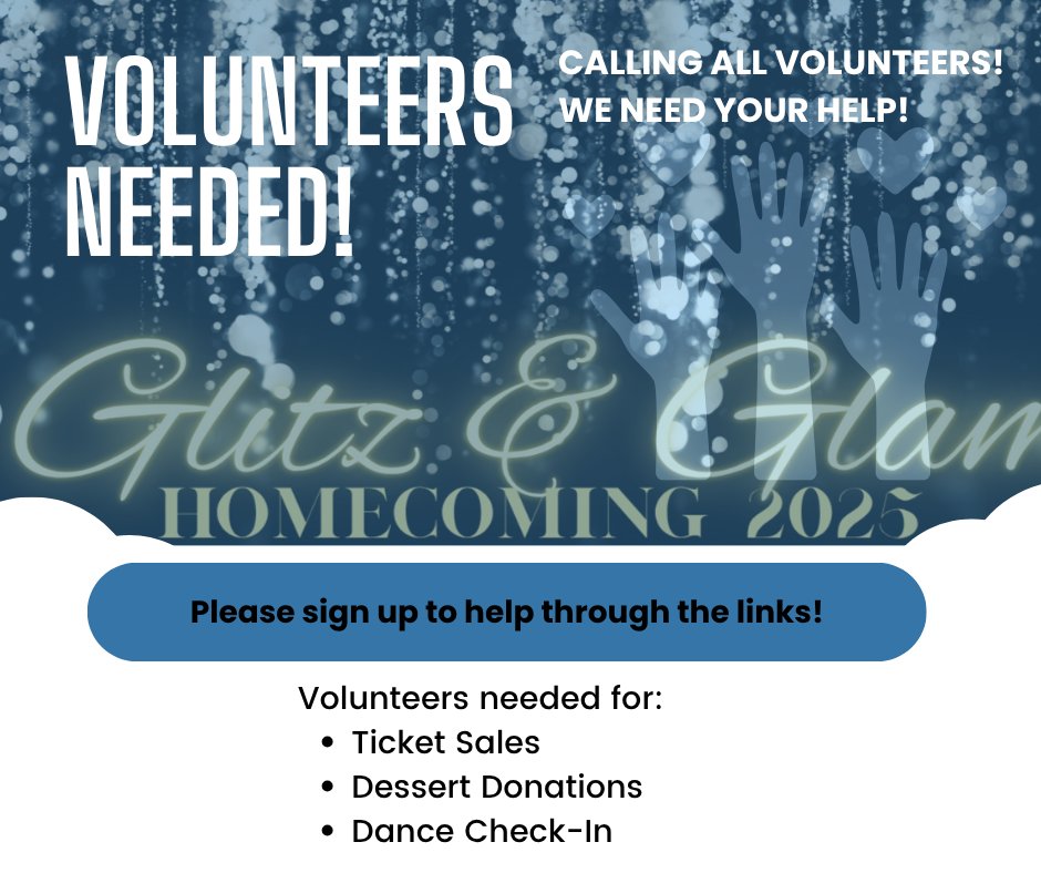 Homecoming Dance Volunteers are Needed!  Please consider signing up to make this a special night for our students!

Ticket Sales During Cardinal Hour
signupgenius.com/go/10C0A4DABA8…

Dessert Donations
signupgenius.com/go/10C0A4DABA8…

Parent Volunteers
signupgenius.com/go/10C0A4DABA8…