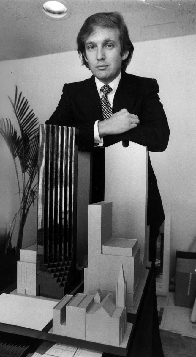 MythoMAGA's tweet image. Donald Trump in 1980, with a model of Trump Tower, shortly before he acquired 100 Central Park South.